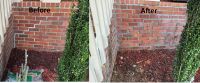Before and after of a stair-step crack in the brick wall at the corner of the house, repaired and repointed.