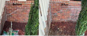 Before and after of a stair-step crack in the brick wall at the corner of the house, repaired and repointed.