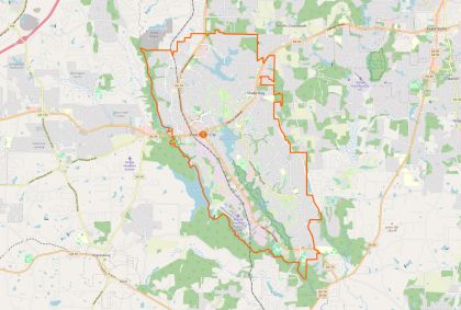 Street map of Peachtree City, Georgia, showing the city limits