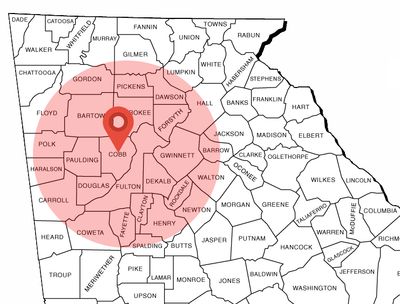 Map of Anglin's Foundation & Chimney Repair's service area across north Georgia, centered on Marietta and Cobb County