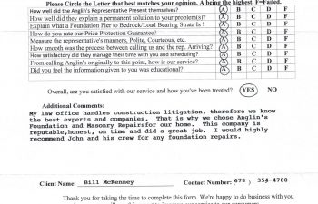 report card & customer survey filled in by anglin's customer