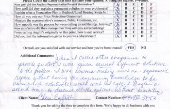 report card & customer survey filled in by anglin's customer