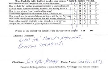 report card & customer survey filled in by anglin's customer