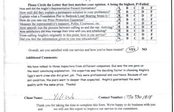 report card & customer survey filled in by anglin's customer