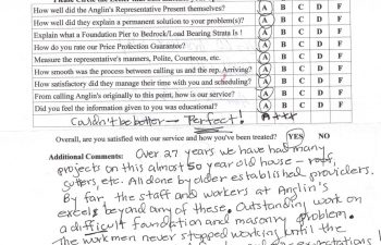 report card & customer survey filled in by anglin's customer
