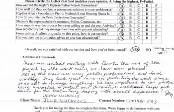 report card & customer survey filled in by anglin's customer