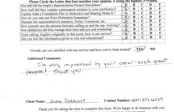 report card & customer survey filled in by anglin's customer