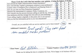 report card & customer survey filled in by anglin's customer