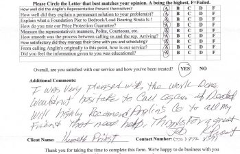 report card & customer survey filled in by anglin's customer