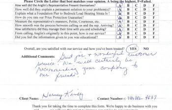 report card & customer survey filled in by anglin's customer