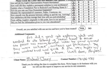 report card & customer survey filled in by anglin's customer