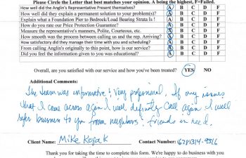 report card & customer survey filled in by anglin's customer