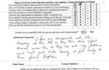 report card & customer survey filled in by anglin's customer