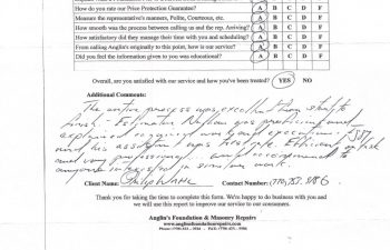 report card & customer survey filled in by anglin's customer