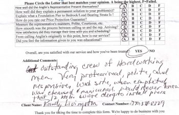 report card & customer survey filled in by anglin's customer