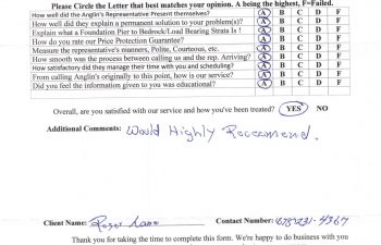 report card & customer survey filled in by anglin's customer