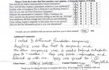 report card & customer survey filled in by anglin's customer