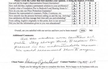 report card & customer survey filled in by anglin's customer