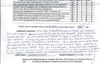 report card & customer survey filled in by anglin's customer