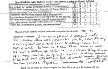 report card & customer survey filled in by anglin's customer