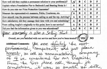 report card & customer survey filled in by anglin's customer