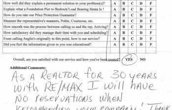 report card & customer survey filled in by anglin's customer