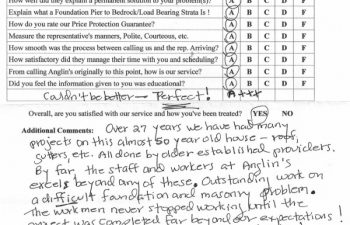 report card & customer survey filled in by anglin's customer