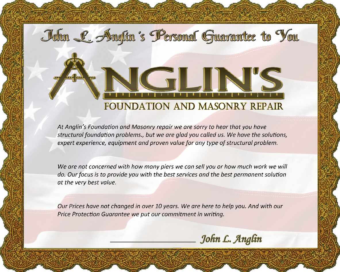 Anglin's foundation and masonry repair guarantee certificate