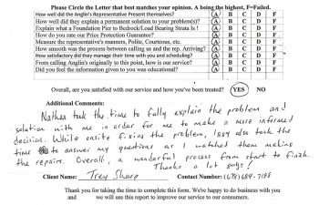 report card & customer survey filled in by anglin's customer