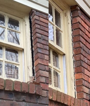 Brick wall next to the window before and after brick veneer crack repair by Anglin's Foundation & Masonry Repairs